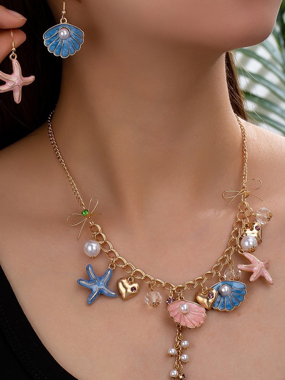 Gold-Tone Shell & Charm Necklace with Pink and Blue Enamel